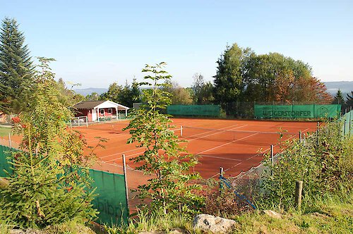 Tennisplatz, umgeben von Wiesen und Bäumen im Spätherbst. Tennis spielen im Bayerichen Wald